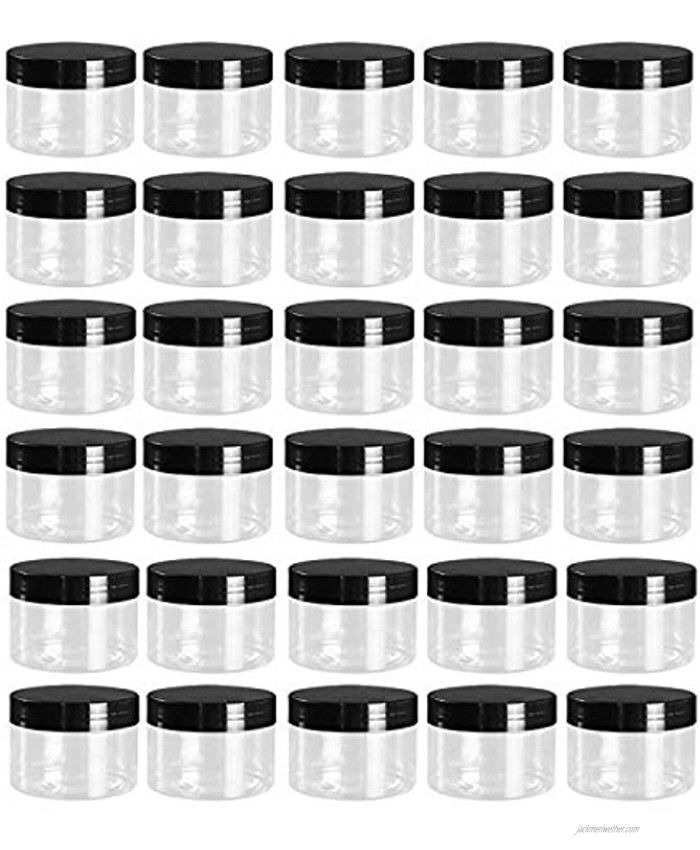 Tosnail 30 Pack 4 oz Clear Plastic Jars with Black Lids Leak-Proof Round Food Safe Storage Containers for Kitchen Use Beauty Products Slime Spices and More