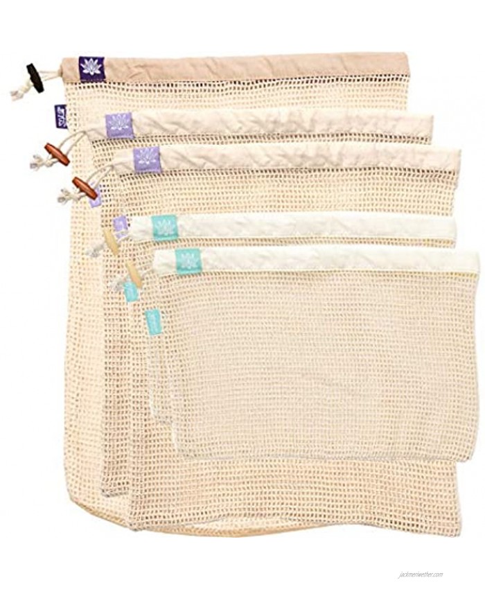 100% Organic Cotton Lotus Reusable Produce Bags Eco-Friendly Mesh Produce Bags For Shopping – Washable Vegetable Fruit Bag – Set of 5