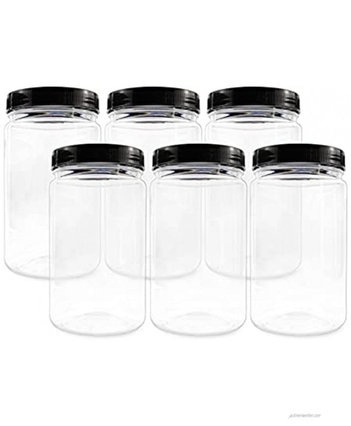 32oz Clear Plastic Jars with Black Ribbed Lids 6 pack: BPA Free PET Quart Size Canisters for Kitchen & Household Storage of Dry Goods Peanut Butter and More
