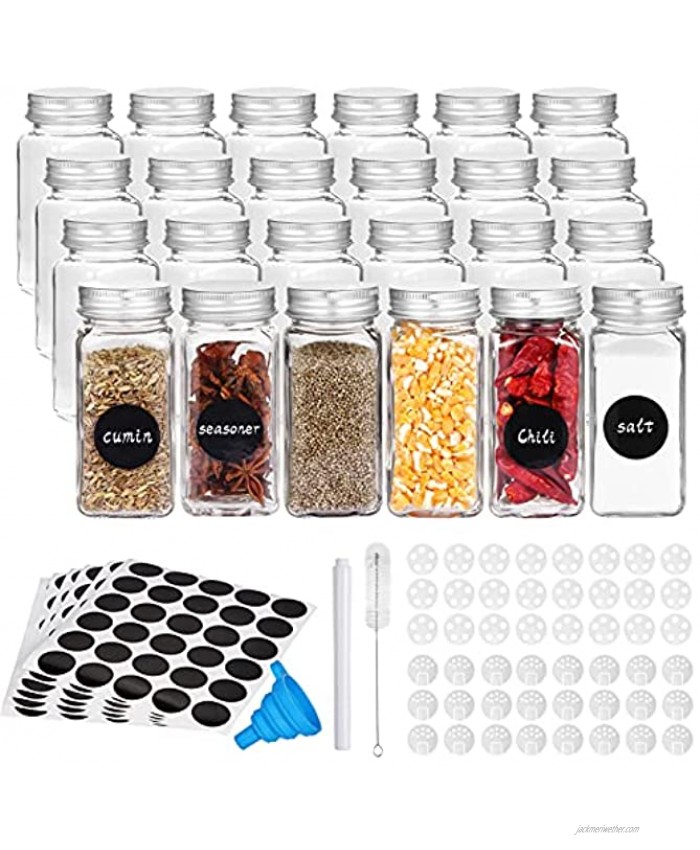 Cibeat 24 Pcs Glass Spice Jars with Spice Labels 4oz Empty Square Spice Bottles Shaker Lids and Airtight Metal Caps Silicone Collapsible Funnel