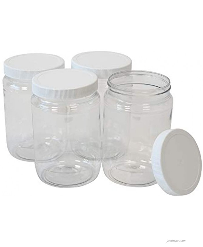CSBD 32 Oz Clear Plastic Mason Jars With Ribbed Liner Screw On Lids Wide Mouth ECO BPA Free PET Plastic Made In USA Bulk Storage Containers 4 Pack 32 Ounces