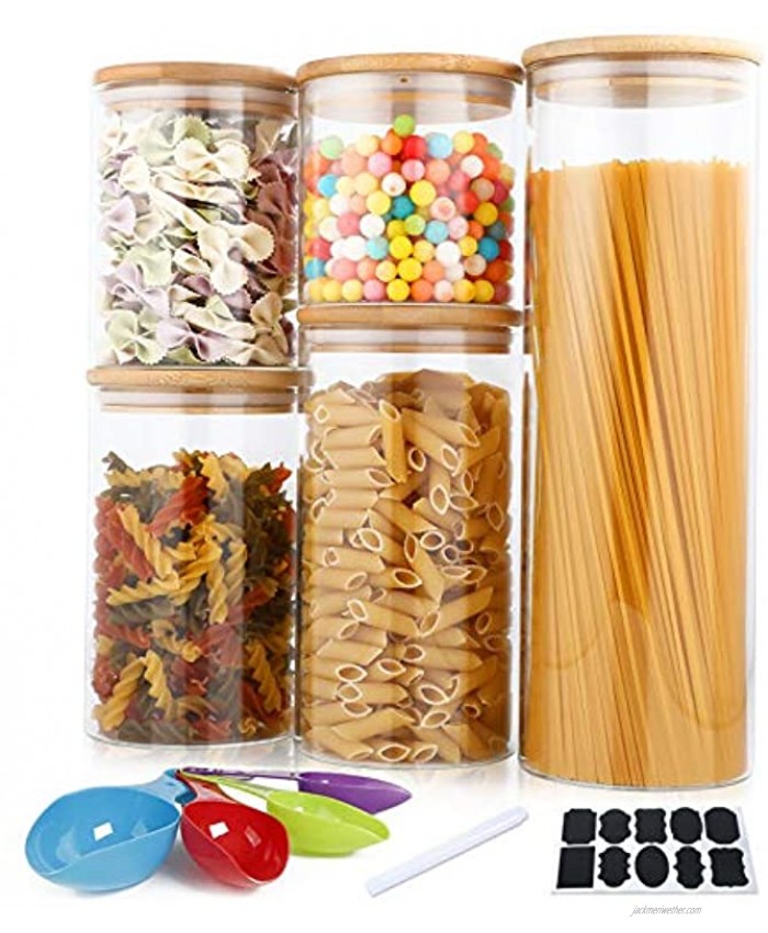 Glass Food Storage Jars Containers,Airtight Glass Canister Set of 5 Kitchen Glass Canisters For Coffee,Flour,Sugar,Candy,Cookie,Spice and More Include Labels Chalk Marker Spoons