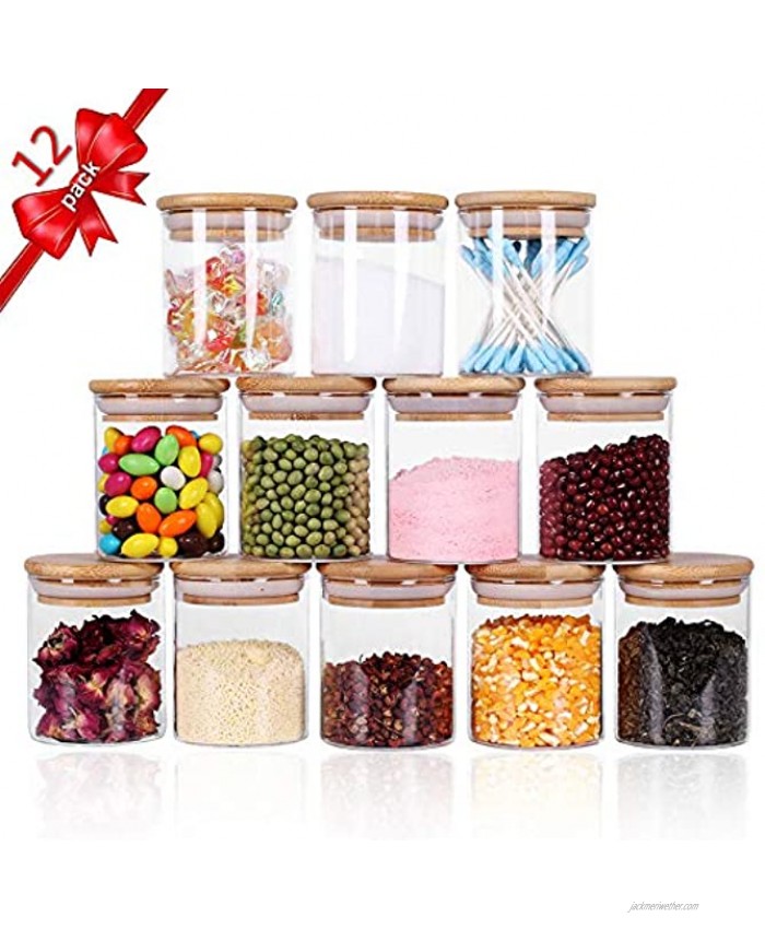 Tzerotone Glass Jars Set,Upgrade Spice Jars with Wood Airtight Lids and Labels 6oz 12 Piece Small Food Storage Containers for Home Kitchen Tea Herbs Sugar Salt Coffee Flour Herbs Grains…