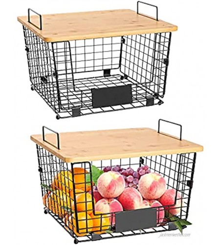 2PK Foldable Storage Basket Metal Stacking Basket Nested Rectangular Basket With Board Fruit Vegetable Produce Metal Storage Bin Use in Office Craft Room Kitchen Pantry Cabinet ,Bathroom Shelves