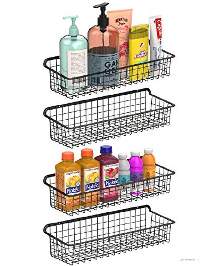 F-color Wall Mounted Wire Baskets Multifunctional Wire Storage Baskets for Home Office Kitchen Bathroom Laundry Living Room Large Metal Storage Basket with Wall Mount Hooks 4 Pack Black