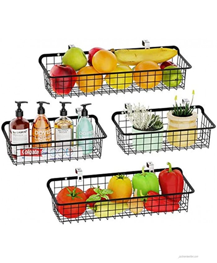 GSlife Wall Basket Storage 4 Pack Wall Mount Wire Baskets for Storage with Hooks Metal Hanging Wall Baskets for Kitchen Pantry Cabinet Door Bathroom Black