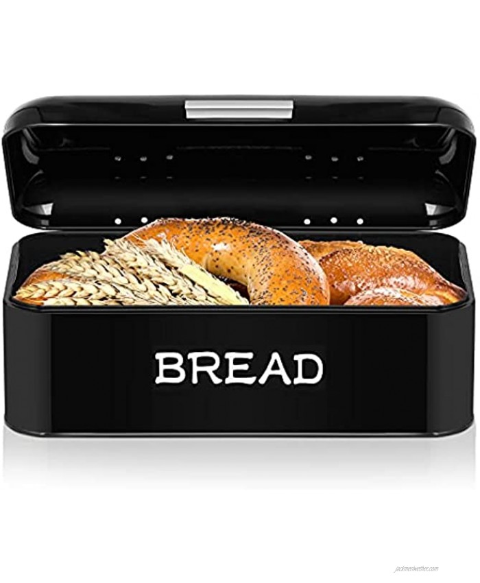 Olebes Bread Box Metal Bread Box For Kitchen Countertop Dry Food Storage High Capacity Bread Bin Store Bread Loaf Baked Goods Bread Container to Suit Farmhouse Vintage Kitchen Decor Black