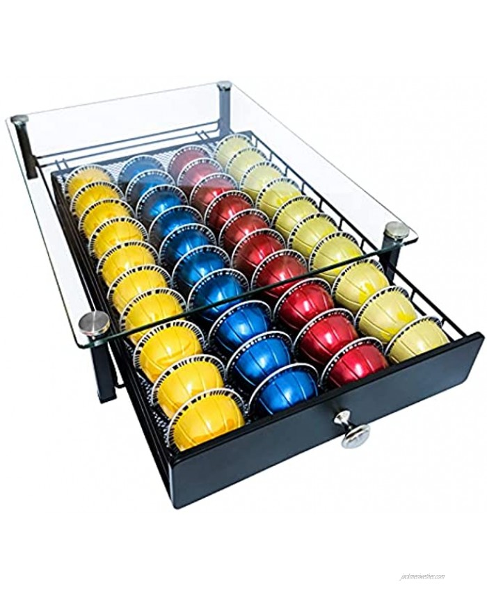 Coffee Pods Holder Compatible for Nespresso Vertuo Ami Crystal Tempered Glass Countertop Organizer Drawer Holds 40 Caps Vertuoline Capsules