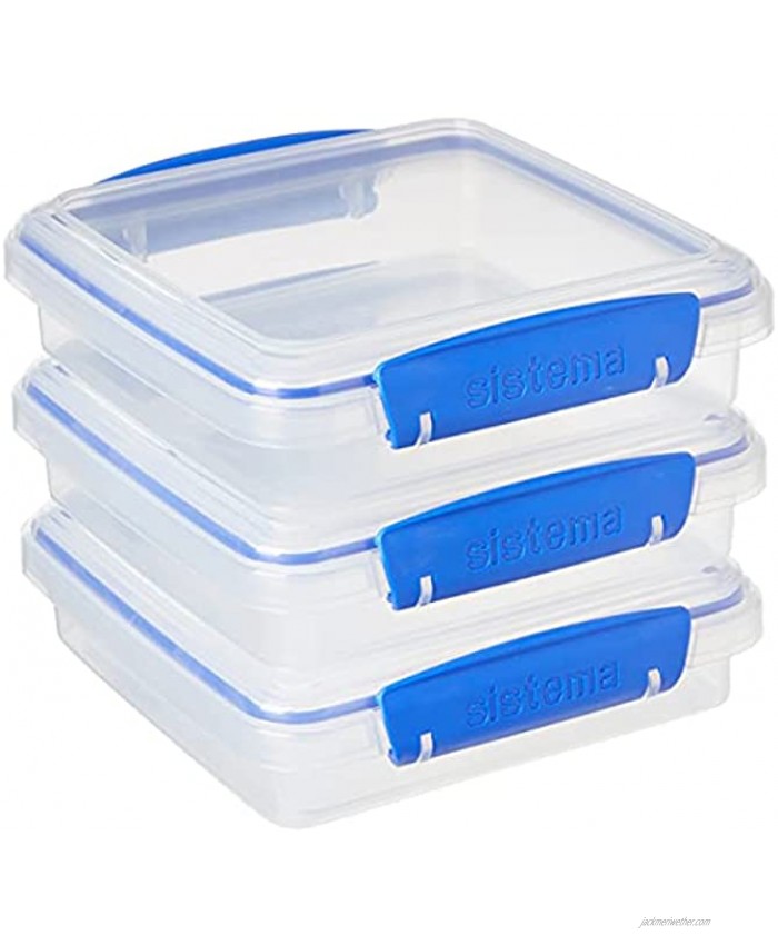 Sistema KLIP IT Collection Sandwich Box 1.9 Cup Compact Food Storage Container 3 Pack Clear Blue Great for Meal Prep BPA Free Reusable