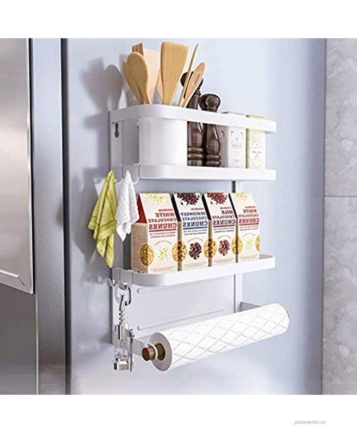 Fridge Spice Rack Magnetic Shelf with Paper Towel Holder 2 Tier Kitchen Refrigerator Storage Rack White Medium