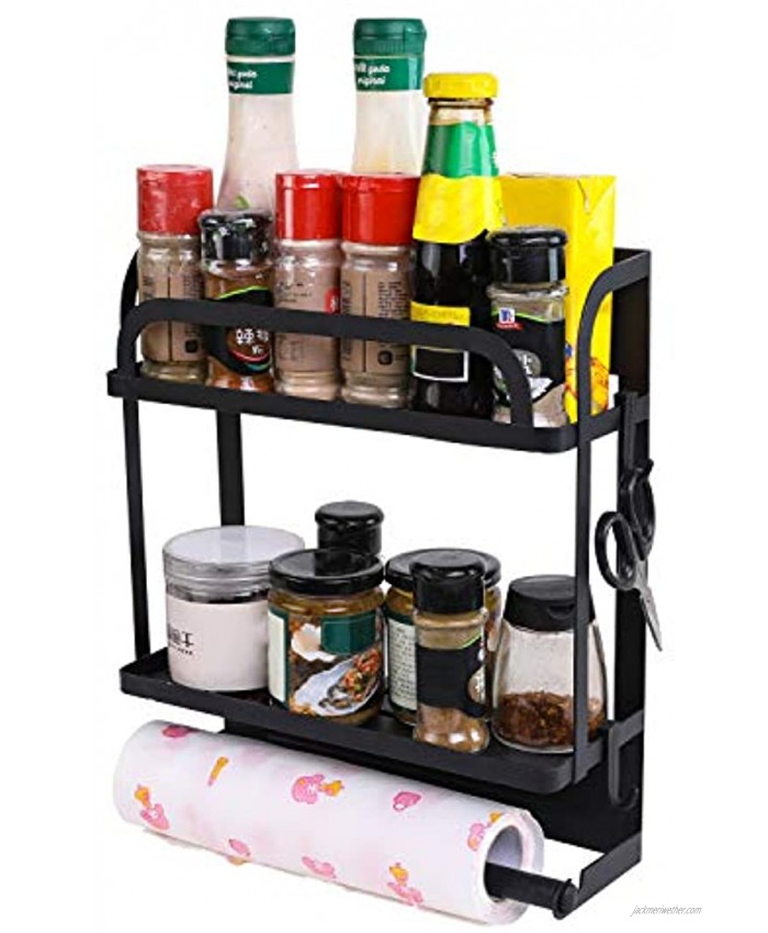 PENGKE Magnetic Spice Rack Organizer 2 Tier Refrigerator Storage Shelf with Paper Towel Holder and Removable Hooks,Easy to Install on the Side of Refrigerator,Strong Rustproof Magnetic Shelf,Black