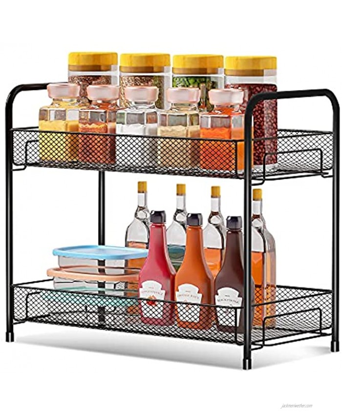 Spice Rack Organizer for Countertop Xpatee 2-Tier Spice Seasoning Rack for Kitchen Cabinet Bathroom  Foldable Metal Rust-Proof Standing Seasoning Storage Shelf with Guardrail and Mesh Design