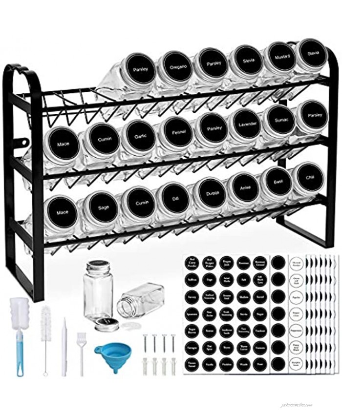 Spice Rack with 24 Empty Spice Jars Standing or Wall Mounted Spice Rack Organizer for Countertop Cabinet Kitchen Pantry Seasoning Holder Organizer with 420 Spice Labels Marker and Funnel