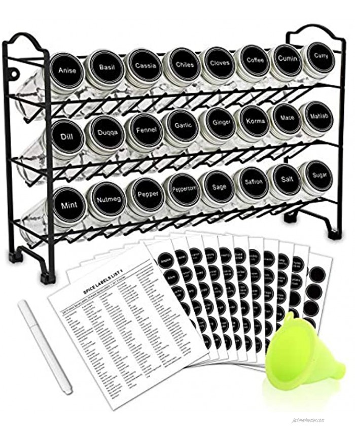 SWOMMOLY Spice Rack Organizer with 24 Empty Round Spice Jars 396 Spice Labels with Chalk Marker and Funnel Complete Set for Countertop Cabinet or Wall Mount