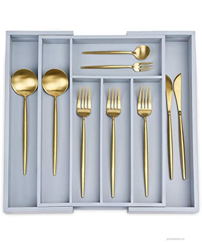 Bamboo Flatware Organizer Expandable Kitchen Utensil Drawer Organizer 7 Slots Adjustable Large Silverware Cutlery Tray Gray