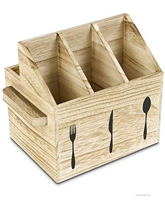 Ikee Design Wooden Sliverware Holder Flatware Utensil Caddy with Handles Holder for Spoons Knives Forks Napkins for Restaurant and Kitchen 7”W x 5 1 2”D x 6 5 8”H