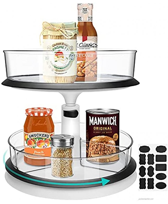 2-Tier Height Adjustable Lazy Susan Cabinet Organizer with Black Sort Sticker & 3 Clear Removable Bins -1x Large Round Single-Layer Use Turntable Spice Rack for Cabinets Kitchen Fridge Bathroom