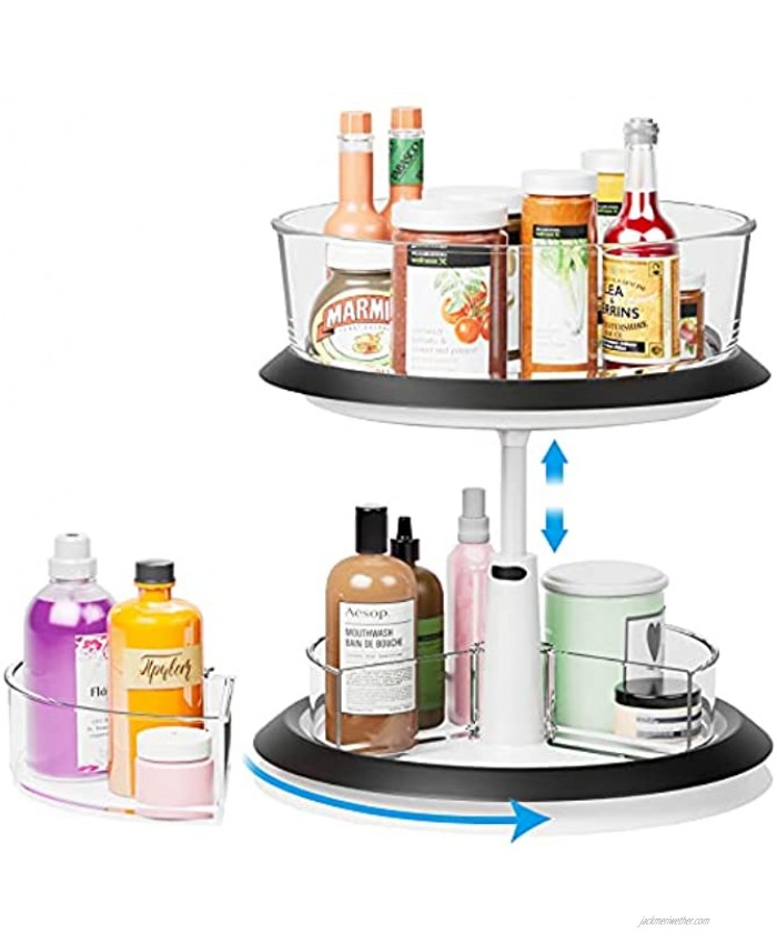 2-Tiers Lazy Susan Turntable Height Adjustable Cabinet Organizer with Clear Removable Storage Bins 360 Degree Rotating Spice Rrack Organizer for Cabinet Kitchen Pantry Bathroom Countertop Makeup