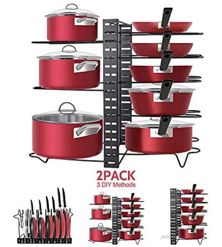 2 Pack Upgraded Pot Lid Rack Organizer Jomense Adjustable 8 Tiers Storage Rack Pot Lid Holder for Kitchen Counter Cabinet Metal Pan Lid Stand with 3 DIY MethodsBlack