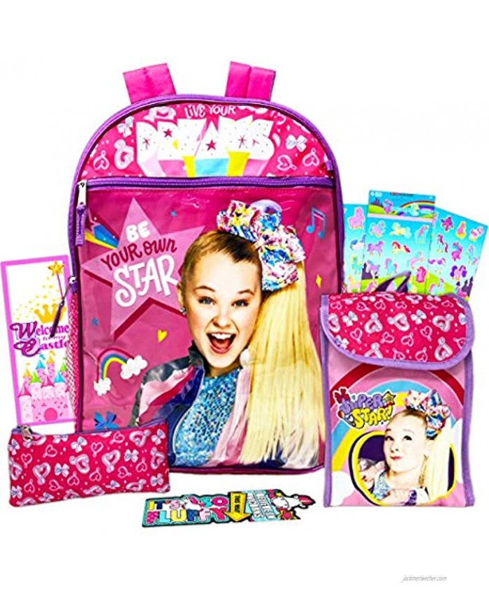 Jojo Siwa Backpack with Lunch Box For Girls 8-Pc Bundle ~ Deluxe 16 School Bag Lunch Bag Water Bottle Stickers and More Jojo Siwa School Supplies
