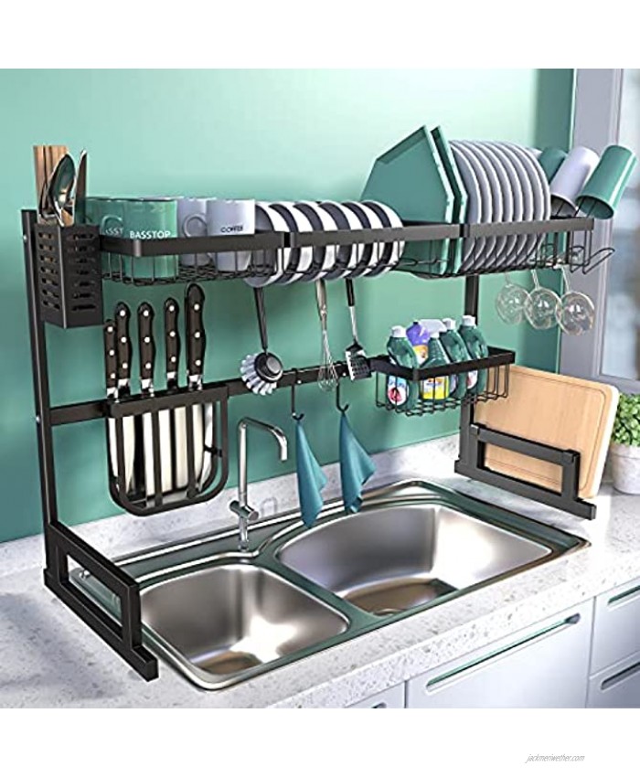 BASSTOP Over The Sink Dish Drying Rack 2-Tier Dish Rack Width Adjustable Dish Drainer for Kitchen Organization Storage Shelf Dish Dryer Rack Utensils Holder for Countertop with 5 Utility Hooks