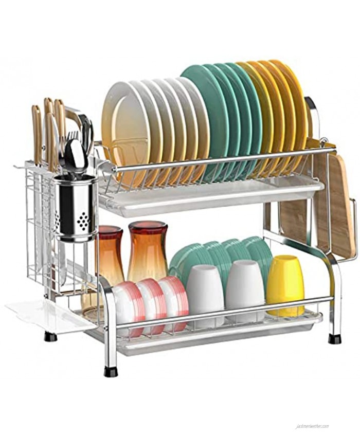 Dish Drying Rack Cambond 304 Stainless Steel 2 Tier Dish Rack with Drain Board Utensil Holder Cutting Board Holder Non-Rust Dish Drainer for Kitchen Countertop Silver