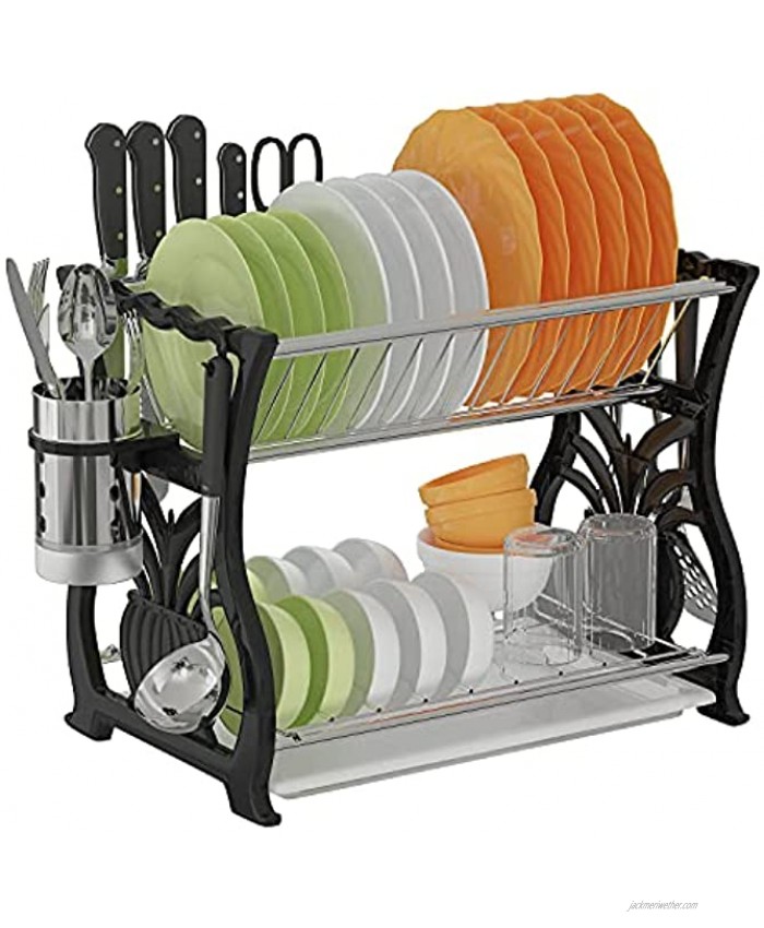 DUSASA Large dish drying Rack For Countertop 2-Tier Stainless Steel Compact Dish Rack Organizer Drainboard Set with Utensil Holder 6 Removable Hooks for Kitchen Counter