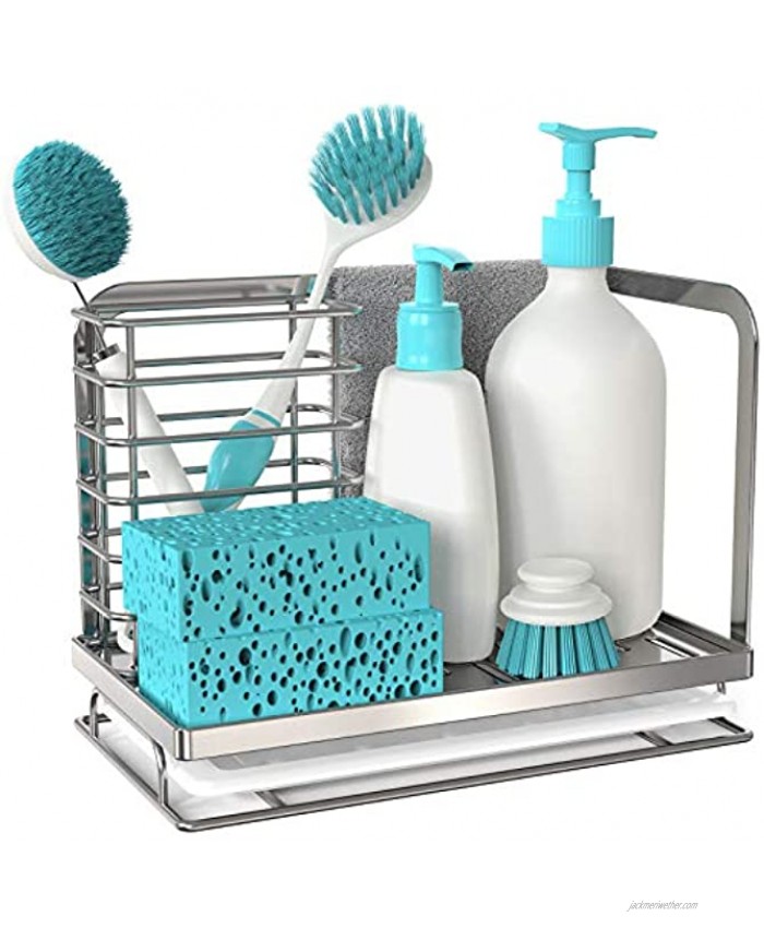 FavoThings Kitchen Sink Caddy Sponge Holder Dish Brush Storage with Drain Tray SUS304 Stainless Steel Countertop Sponge Brush Rags Soap Holder