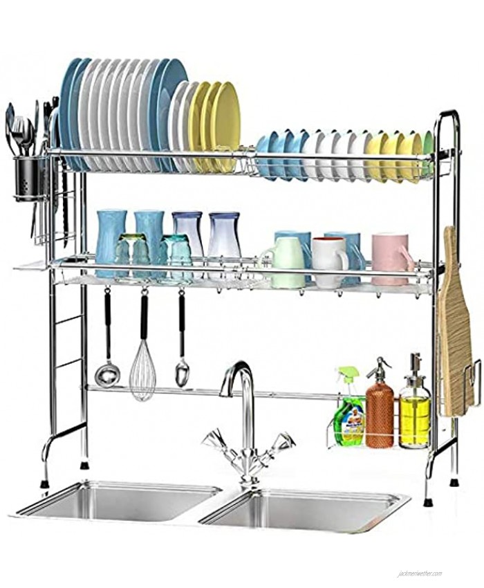 Over The Sink Dish Drying Rack Ace Teah 2-Tier Large Dish Rack for Kitchen Organizer Above Sink Dish Drainer Stainless Steel with Utensil Holder Hooks Silver