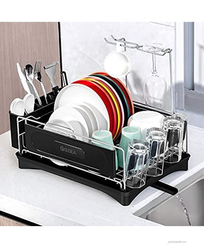 POZIEA Dish Drying Rack Compact Dish Rack with Drainboard for Kitchen Counter Durable Stainless Steel Dish Drainer with Adjustable Drainage and Wine Glass Rack