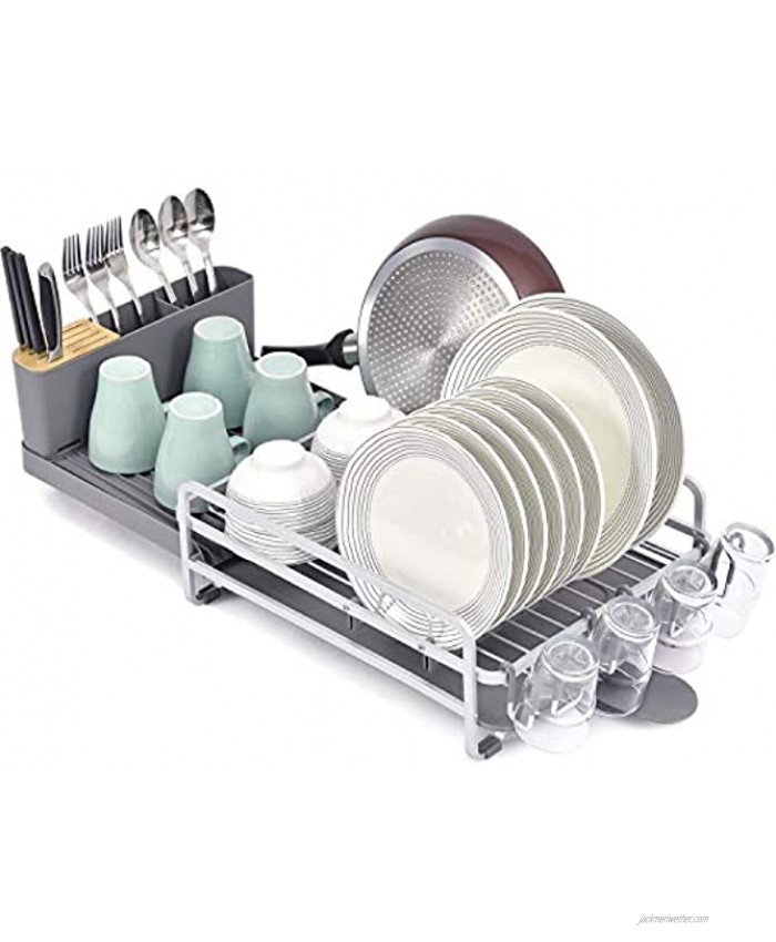 Toolf Dish Rack and Drainboard Set Extend Large Dish Drying Rack with Swivel Spout for Kitchen Counter or Sink Expandable Dish Drainer Rack with Utensil Holder and Cup Holder