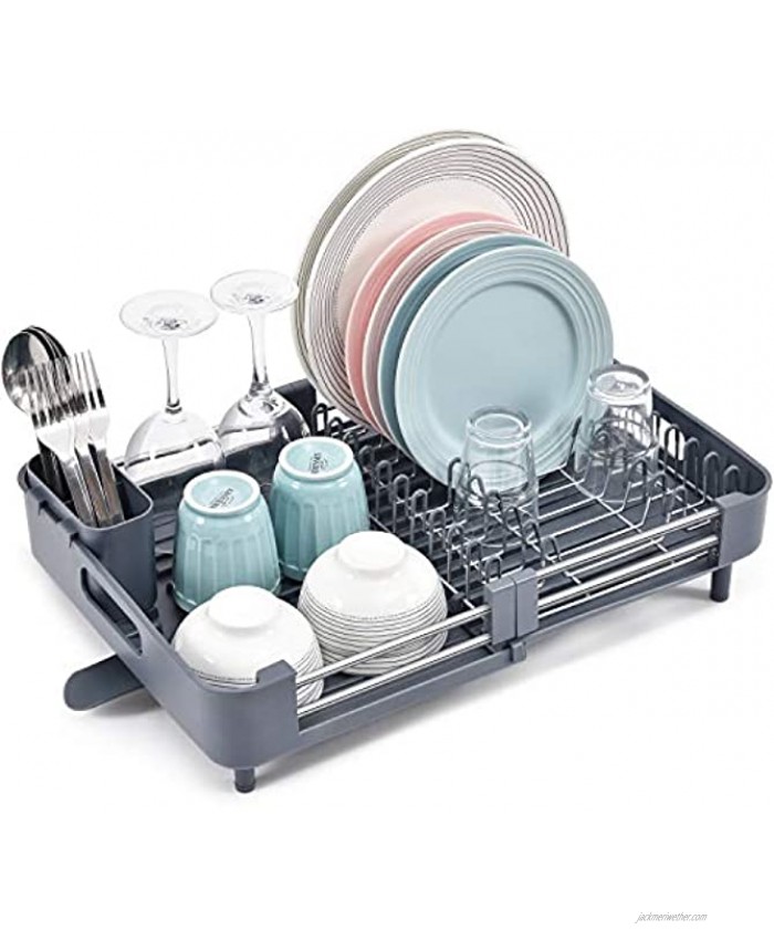 TOOLF Extendable Dish Rack Dual Part Dish Drainers with Non-Scratch and Movable Cutlery Drainer and Drainage Spout Adjustable Dish Drying Rack for Kitchen Grey