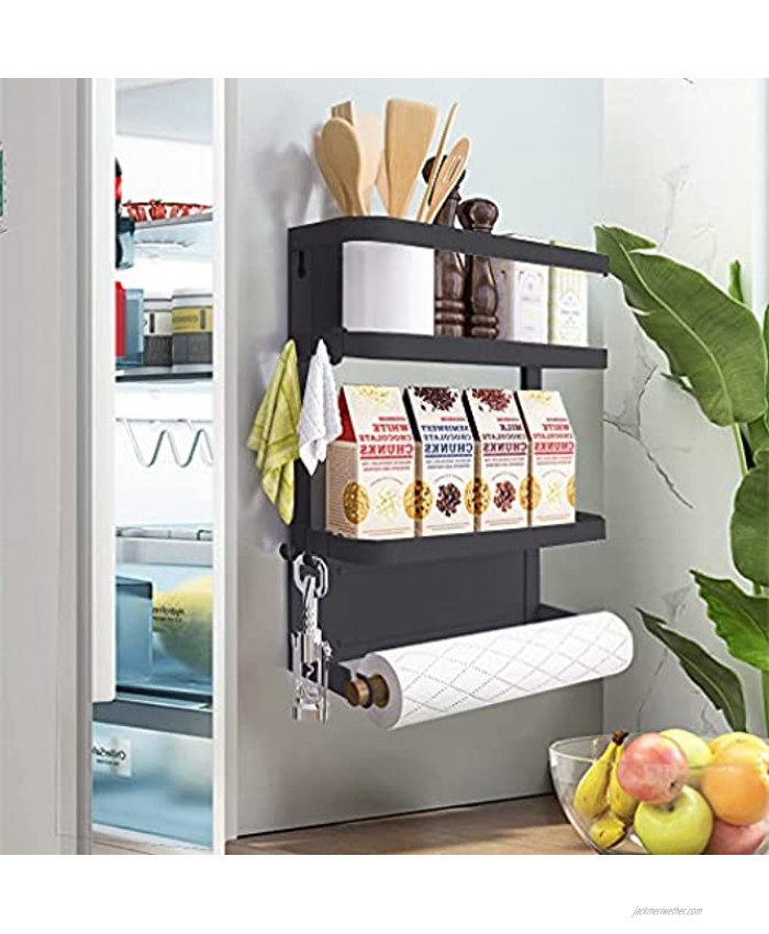 COUAH Magnetic Spice Rack  Magnetic Paper Towel Holder Kitchen Refrigerator Organizers 2-Tier Magnetic Shelf and 1 Paper Towel Roll Holders Magnetic Spice Rack for Refrigerator Black