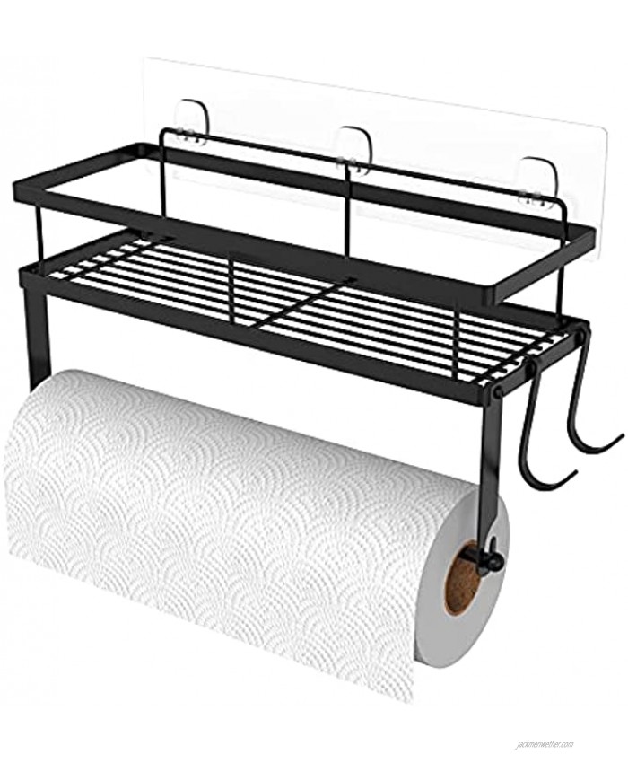 ESOW Paper Towel Holder with Shelf Storage Adhesive Wall Mount 2-in-1 Basket Organizer for Kitchen & Bathroom Durable Metal Wire Design Stainless Steel 304 Matte Black Finish