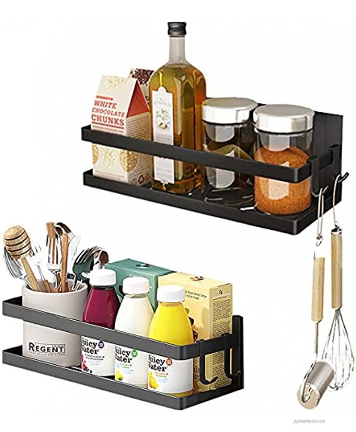Topotter 2 Pack Magnetic Spice Rack,Magnetic Shelf for Refrigerator Storage Organizer For Kitchen Magnetic Spice Racks for refrigerator spices organizer Drill free with 4 Hooks Black 2 Pack