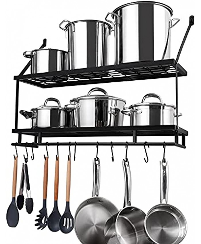 KES 30-Inch Kitchen Pot Rack Mounted Hanging Rack for Kitchen Storage and Organization- Matte Black 2-Tier Wall Shelf for Pots and Pans with 12 Hooks KUR215S75B-BK