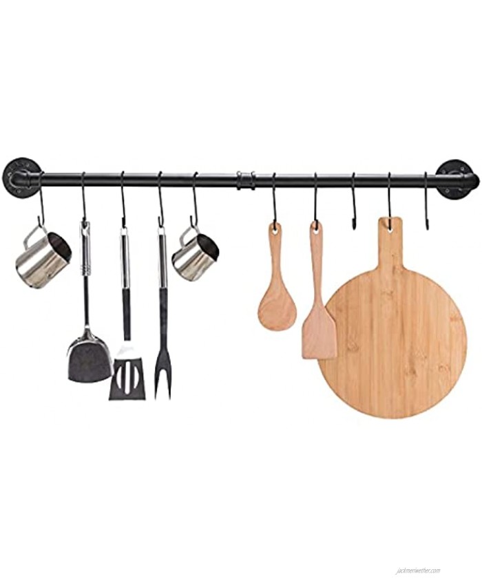 Licperron Industrial Iron Kitchen Rail Rack with 10 S Hooks 37 Inch Pipe Pot Bar Rack Wall Mounted Iron Clothes Rack