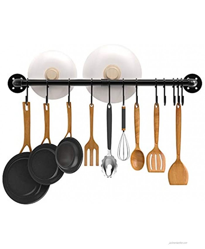 Nuovoware 33.5 Inch Kitchen Pipe Pot Rack with 15 Detachable S Hooks Utensil Holder Pots Pans Hanging Organizer Wall Mounted Coffee Mug Rack Cup Hanger Kitchen S Hooks for Utensils Black