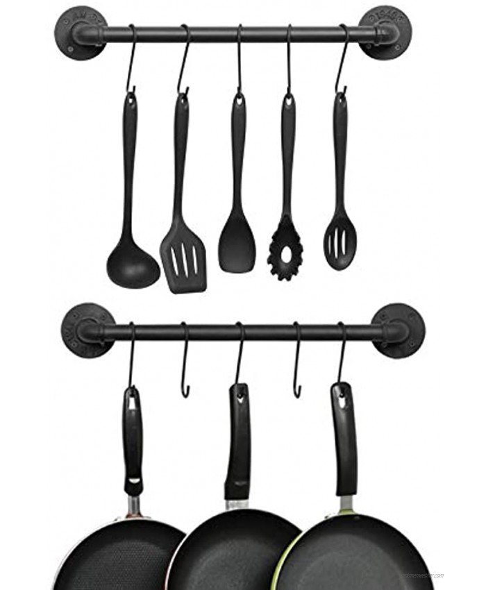 OROPY Wall Mounted Pot Pan Rack 21'' Set of 2 Industrial Utensils Wall Hanger Iron Pipe Kitchen Hanging Rail with 10 S Hooks