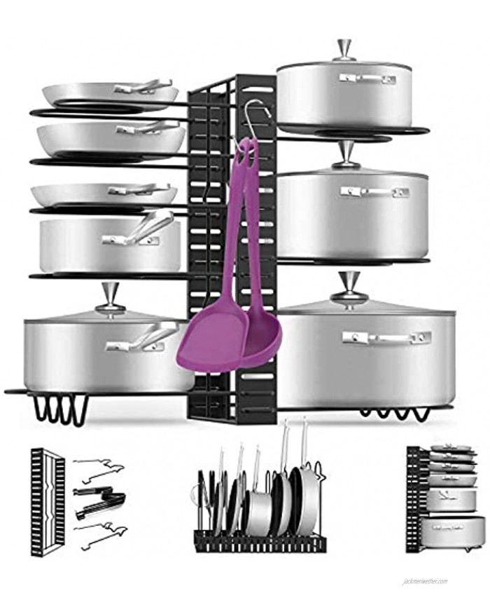 Pan Pot Organizer Rack MASSUGAR Pan Organizer Adjustable Pot Rack with Hook Black Metal Kitchen Cabinet Pantry Pot Lid Holder 3 DIY Methods Black