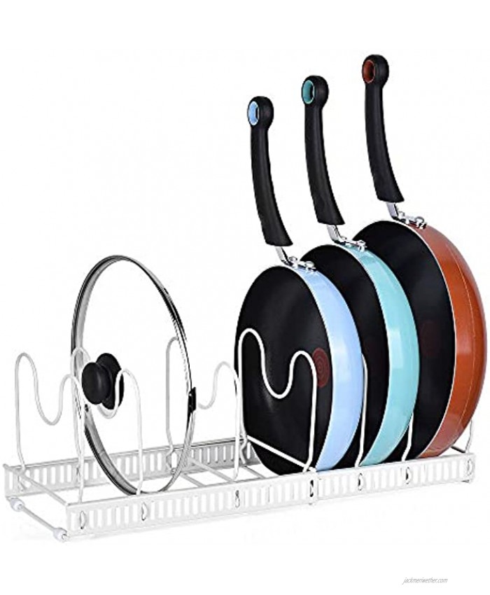 X-cosrack Expandable Pots and Pans Organizer Rack Holds 7 Pans & Lids to Keep Cupboards Tidy Adjustable Bakeware Rack for Kitchen and Pantry