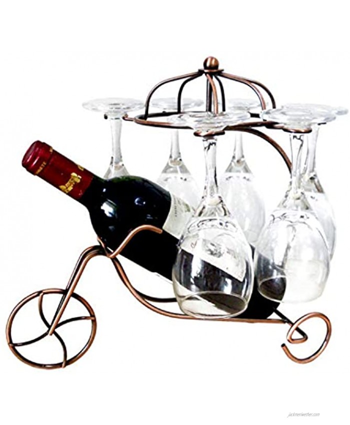 MOLECOLE Creative Wine Rack Wine Holder for Single Bottle Tricycle Countertop Storage Wine Rack Stand Holds 1 Bottle and 6 Wine Glasses Free Standing Thickening Stainless Steel Retro Copper
