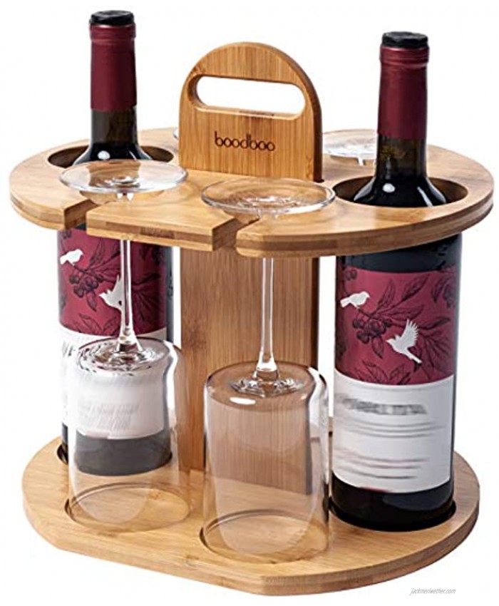 boodboo Wooden Wine Rack – 100% Bamboo Wine Storage Set Holds 2 Bottles and 4 Glasses – Lightweight and Portable Wine Bottle Holder and Glass Hanger Drying Rack – Easy Assembly Wine Stand
