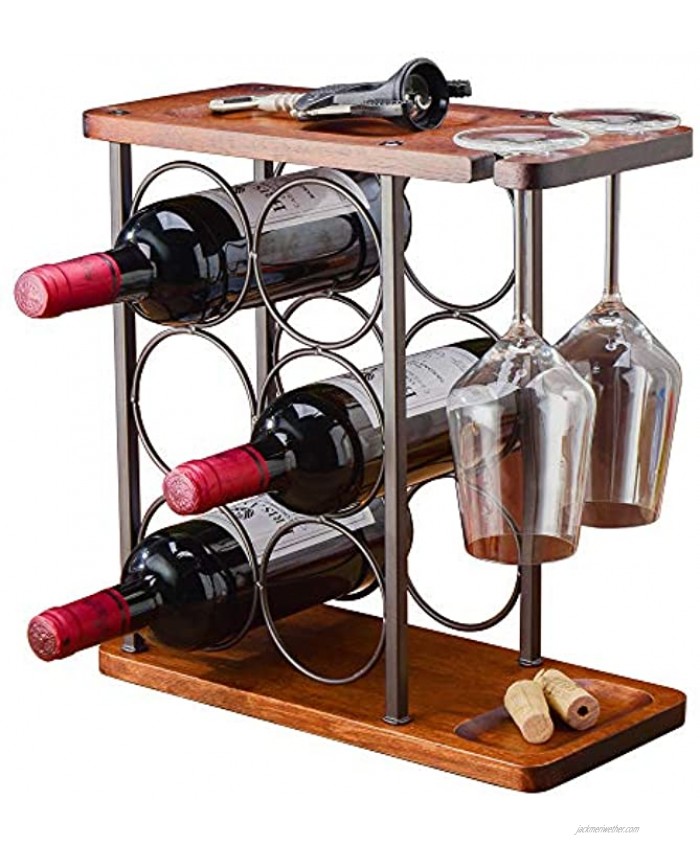 Countertop Wine Rack with Glasses Holder Wood Wooden Tabletop Wine Bottle Storage Rack Stand Rustic Freestanding Wine Decor for Home Kitchen  Hold 6 Wine Bottles and 2 Glasses