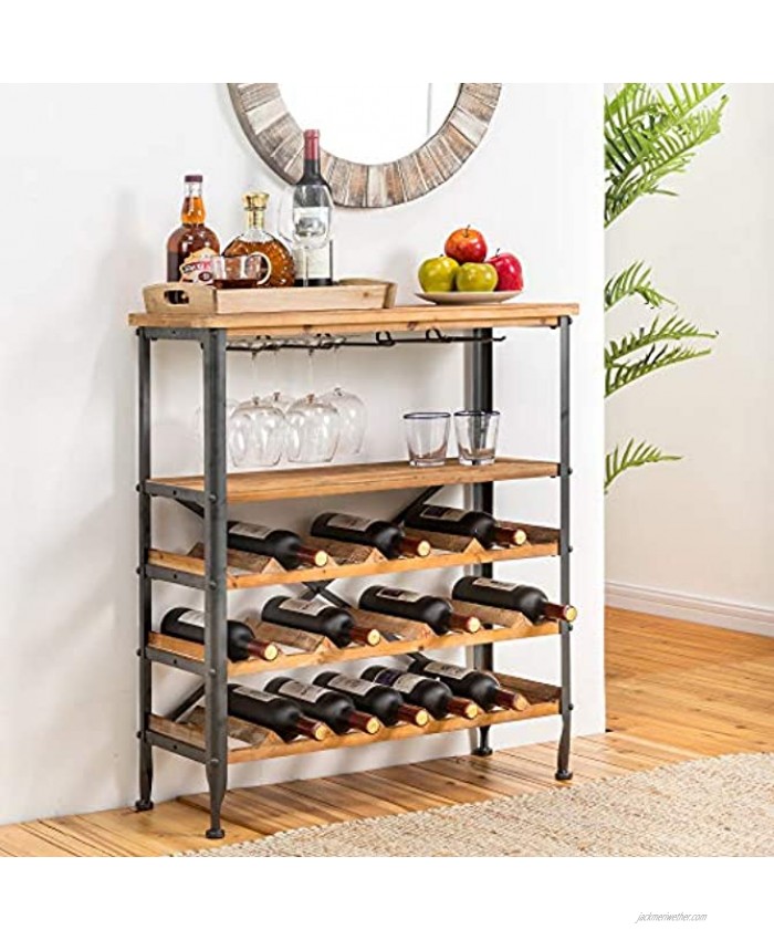 Glitzhome Wood Wine Rack 5-Tier Free Standing Wine Racks Wine Storage Rack 21-Bottle Stackable Capacity Wine Rack Display Shelves with Glass Holder Rack Wobble Free for Home Kitchen Dining Room Bar