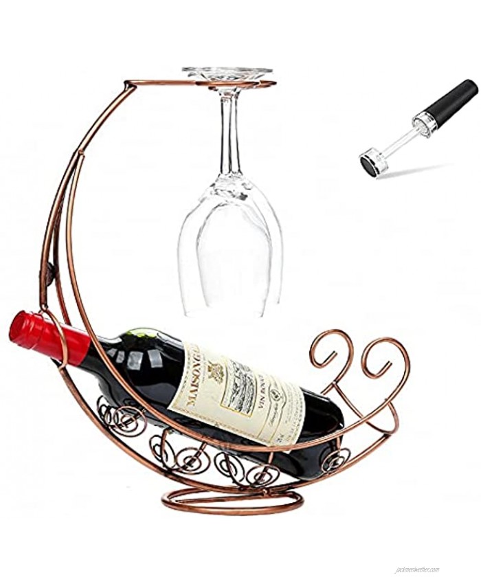 Premium Freestanding Tabletop Wine and Glass Rack with Vacuum Wine Stopper Countertop Wine Holder Hold 1 Wine Bottle and 2 Glasses Perfect for Home Decor Kitchen Storage Bar Wine Cellar Bronze