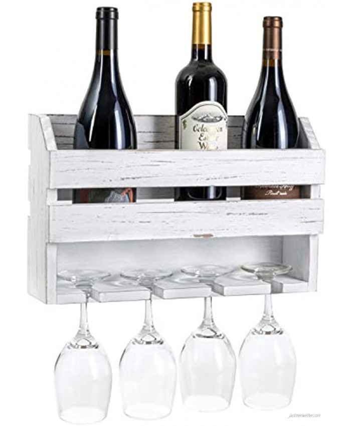 Ilyapa Rustic Wooden Wall Mounted Wine Rack Wine Bottles & 4 Stemware Glass Holder for Home Bar Kitchen Farmhouse Decor White