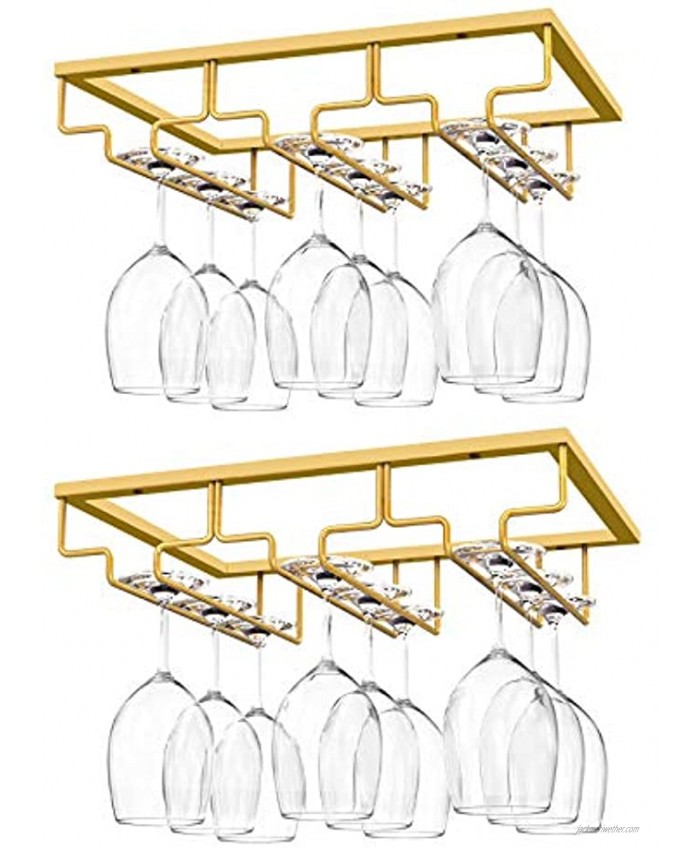 Newthinking Wine Glass Rack Under Cabinet Stemware Rack Wine Glass Holder Wine Glass Storage Hanger for Cabinet Kitchen Bar Gold 3 Rows 2 Packs
