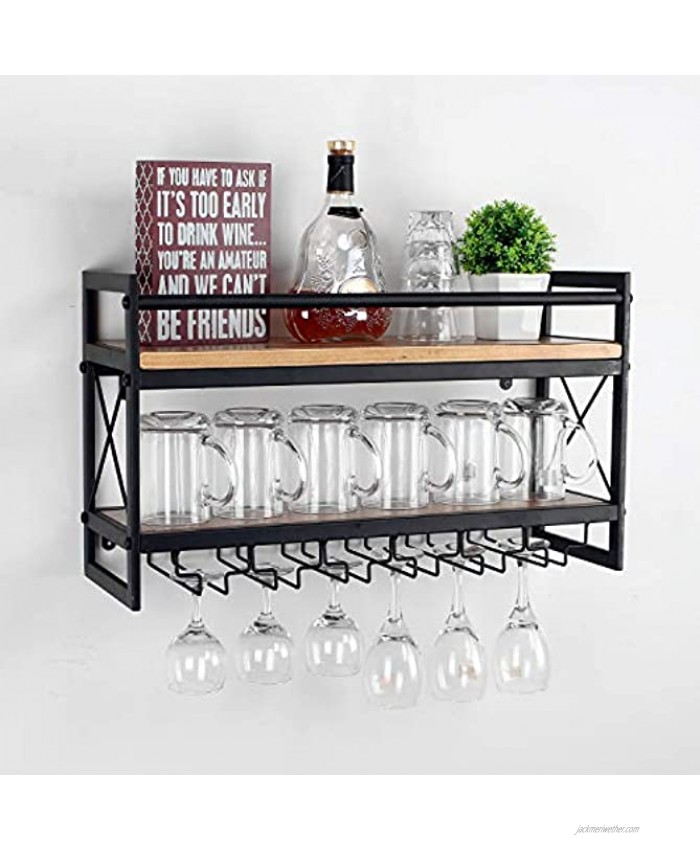 Womio Industrial 2-Tier 24in Wall Mounted Wine Racks with 6 Glass Holder for Wine Glasses,Mugs,Home Decor,Metal and Wood Stemware Glass Rack,Stemware Racks,Black