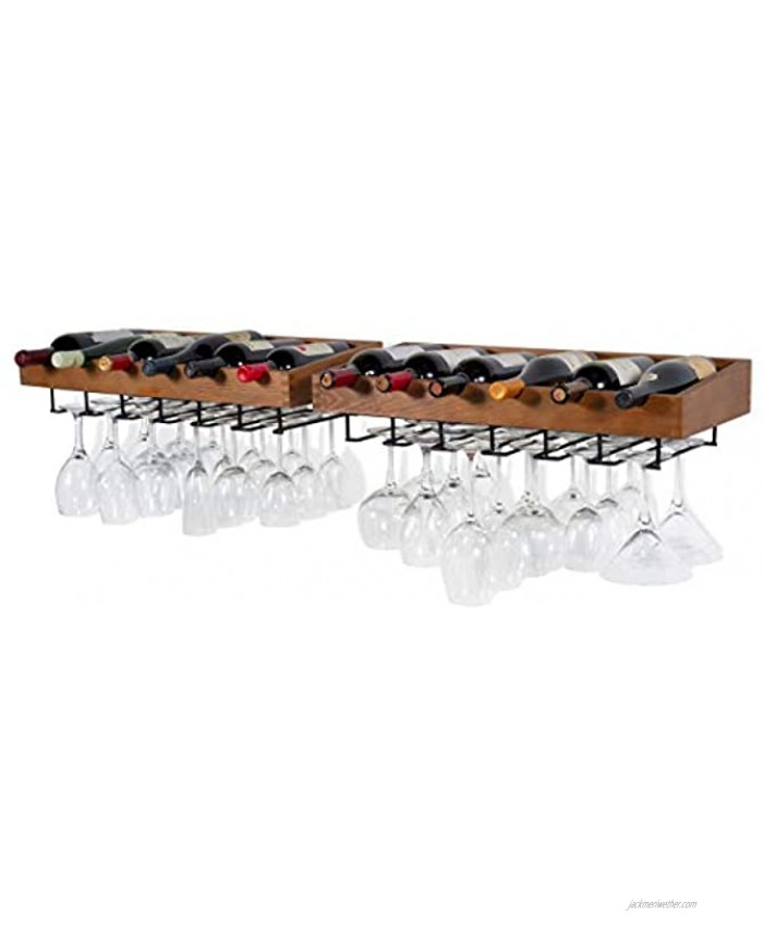 Brightmaison Crete Wine Rack Wall Mounted with Wine Glass Holder Wine Storage and 12 Bottle Rack Set of 2 for Rustic Wall Decor Wood Walnut